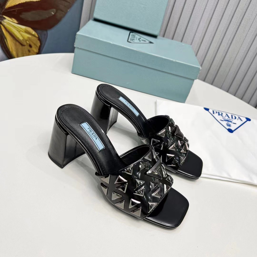 Prada Studded Metallic Leather Mules - EUR FASHION