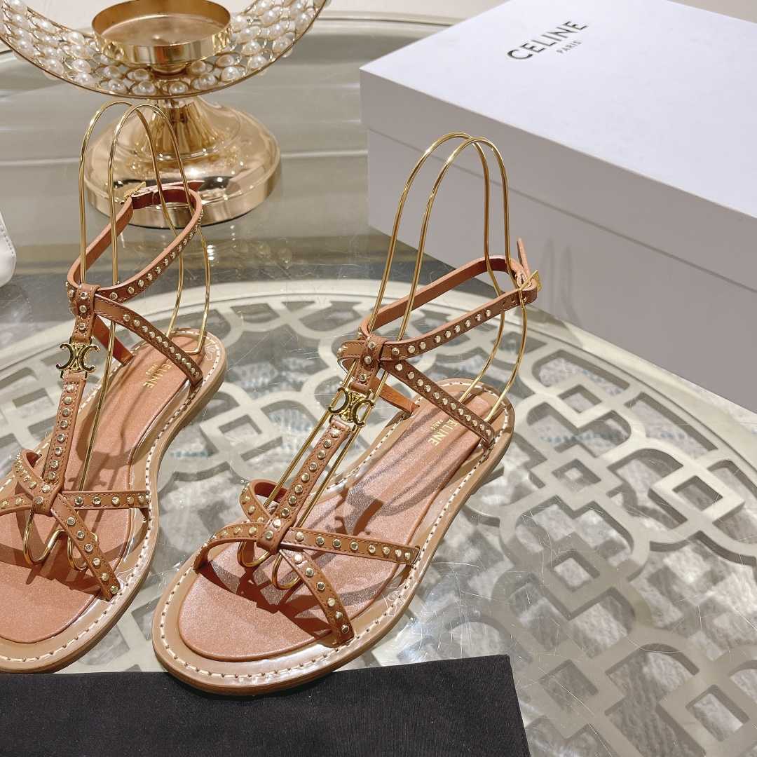 Celine Taillat Flat Sandal With Studs In Calfskin - Vegetal Tanning & Studs Tan - EUR FASHION
