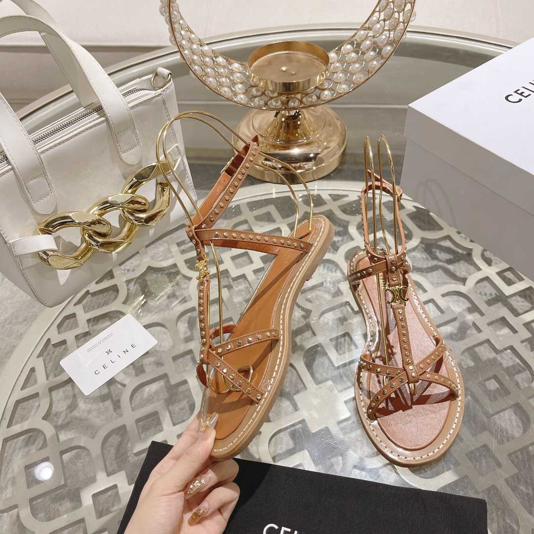 Celine Taillat Flat Sandal With Studs In Calfskin - Vegetal Tanning & Studs Tan - EUR FASHION