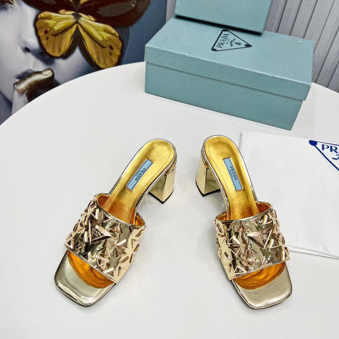 Prada Studded Metallic Leather Mules - EUR FASHION
