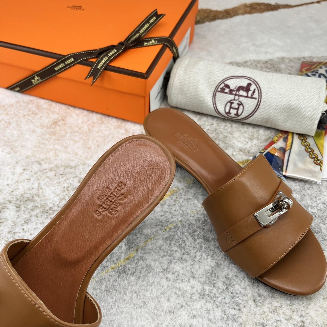Hermes Open Toe Round Toe Casual Style Plain Leather Block Heels - EUR FASHION