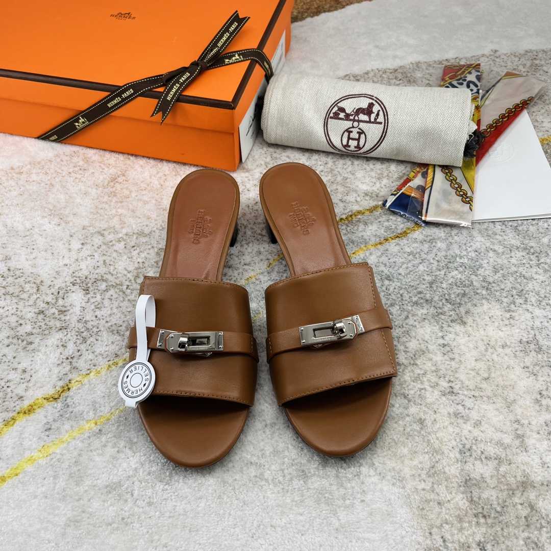 Hermes Open Toe Round Toe Casual Style Plain Leather Block Heels - EUR FASHION