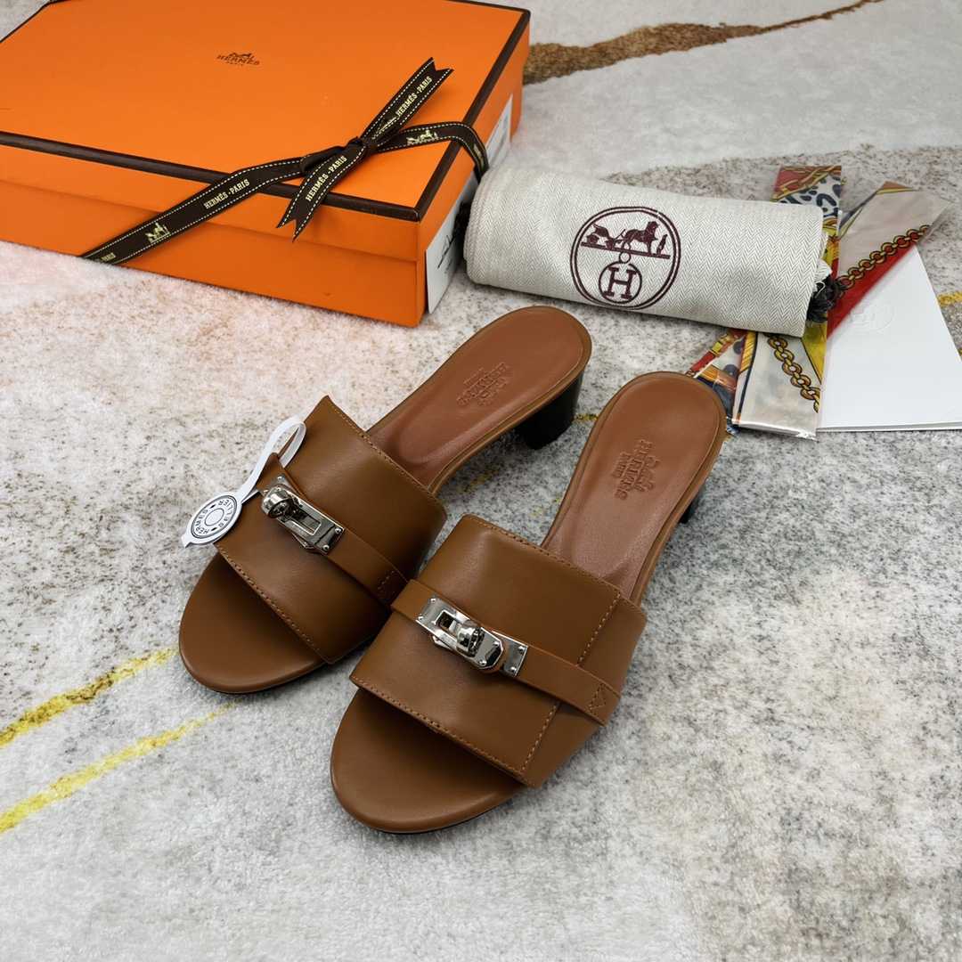 Hermes Open Toe Round Toe Casual Style Plain Leather Block Heels - EUR FASHION