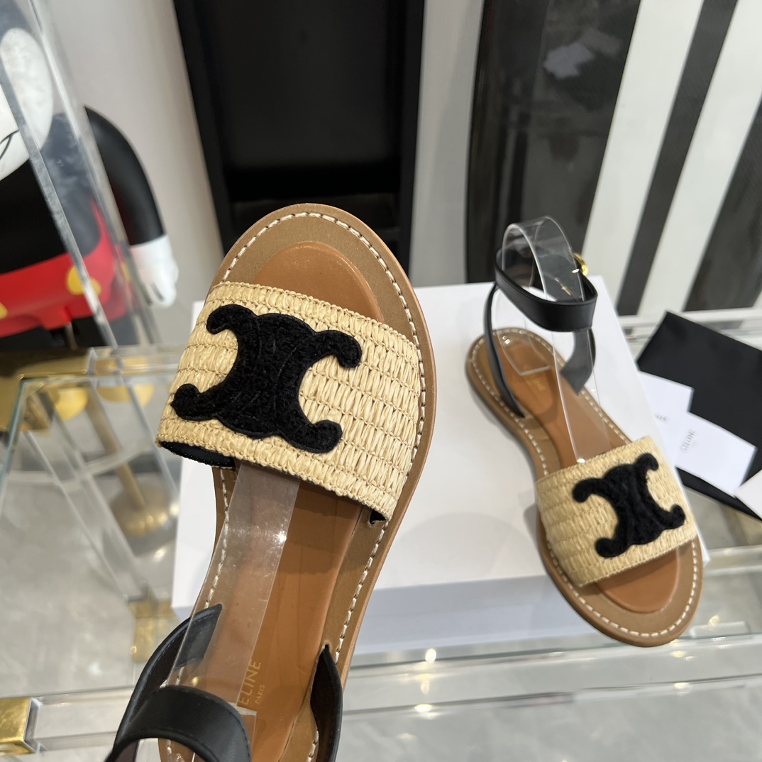 Celine Lympia Flat Strap Sandal In Raffia & Calfskin - EUR FASHION