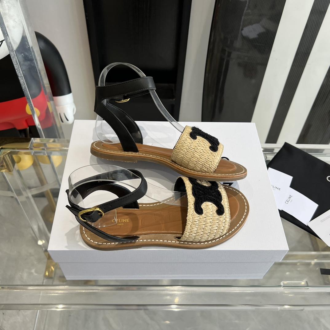 Celine Lympia Flat Strap Sandal In Raffia & Calfskin - EUR FASHION