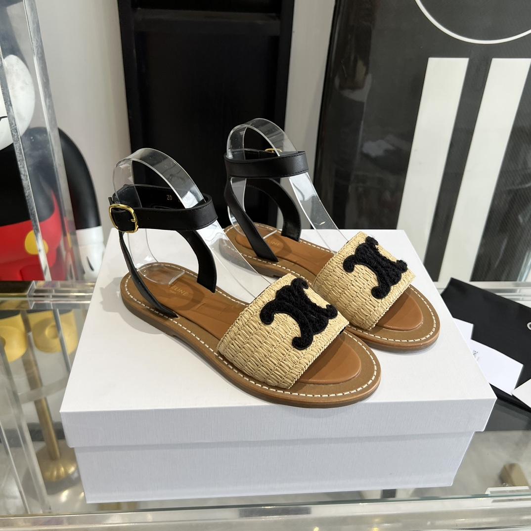 Celine Lympia Flat Strap Sandal In Raffia & Calfskin - EUR FASHION