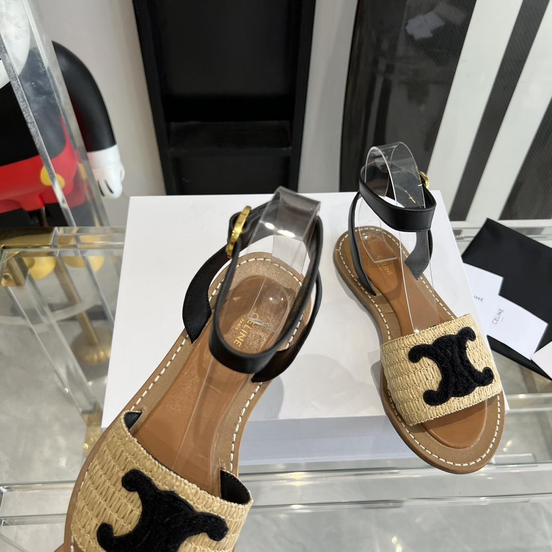 Celine Lympia Flat Strap Sandal In Raffia & Calfskin - EUR FASHION