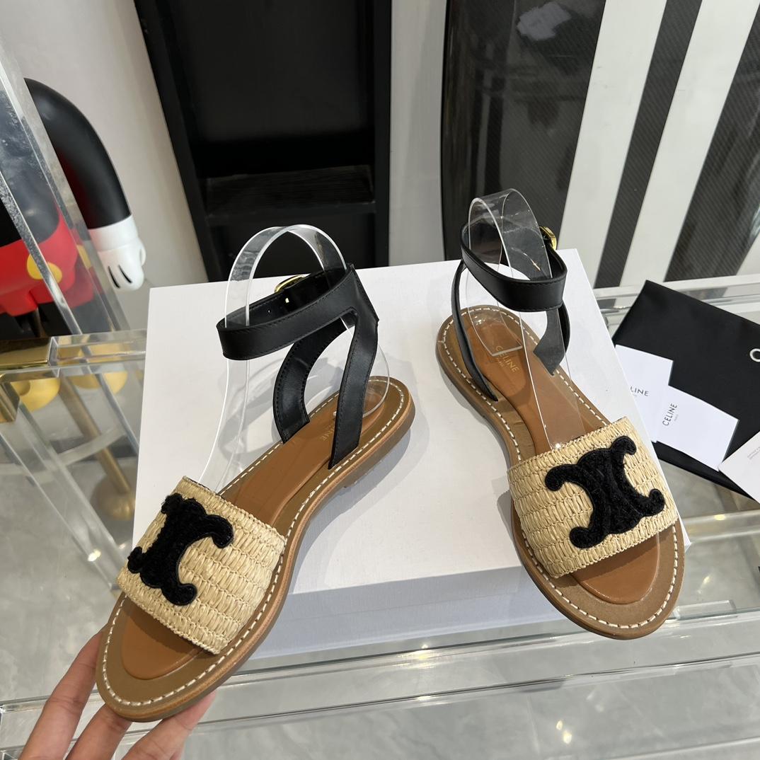 Celine Lympia Flat Strap Sandal In Raffia & Calfskin - EUR FASHION