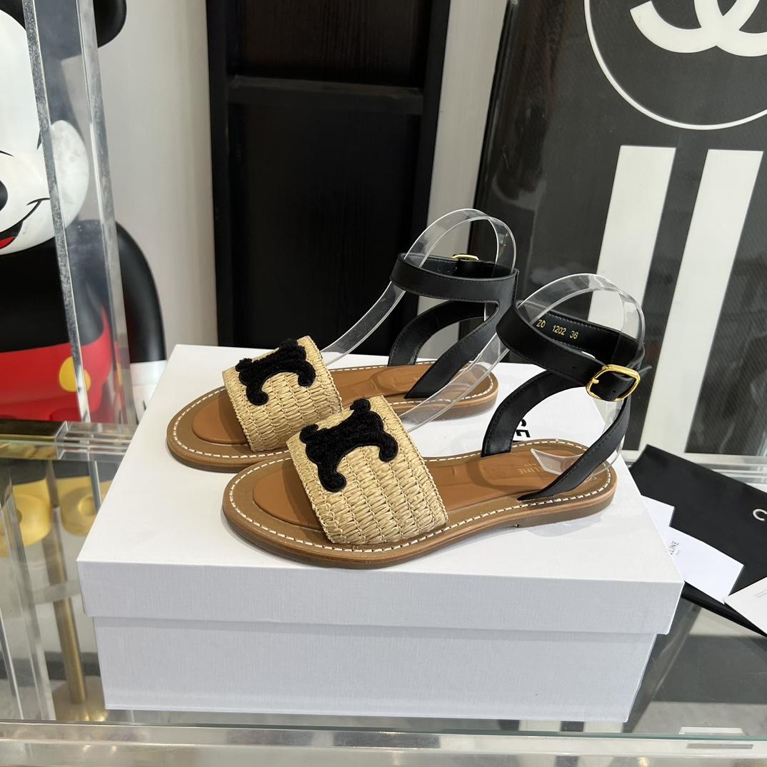 Celine Lympia Flat Strap Sandal In Raffia & Calfskin - EUR FASHION