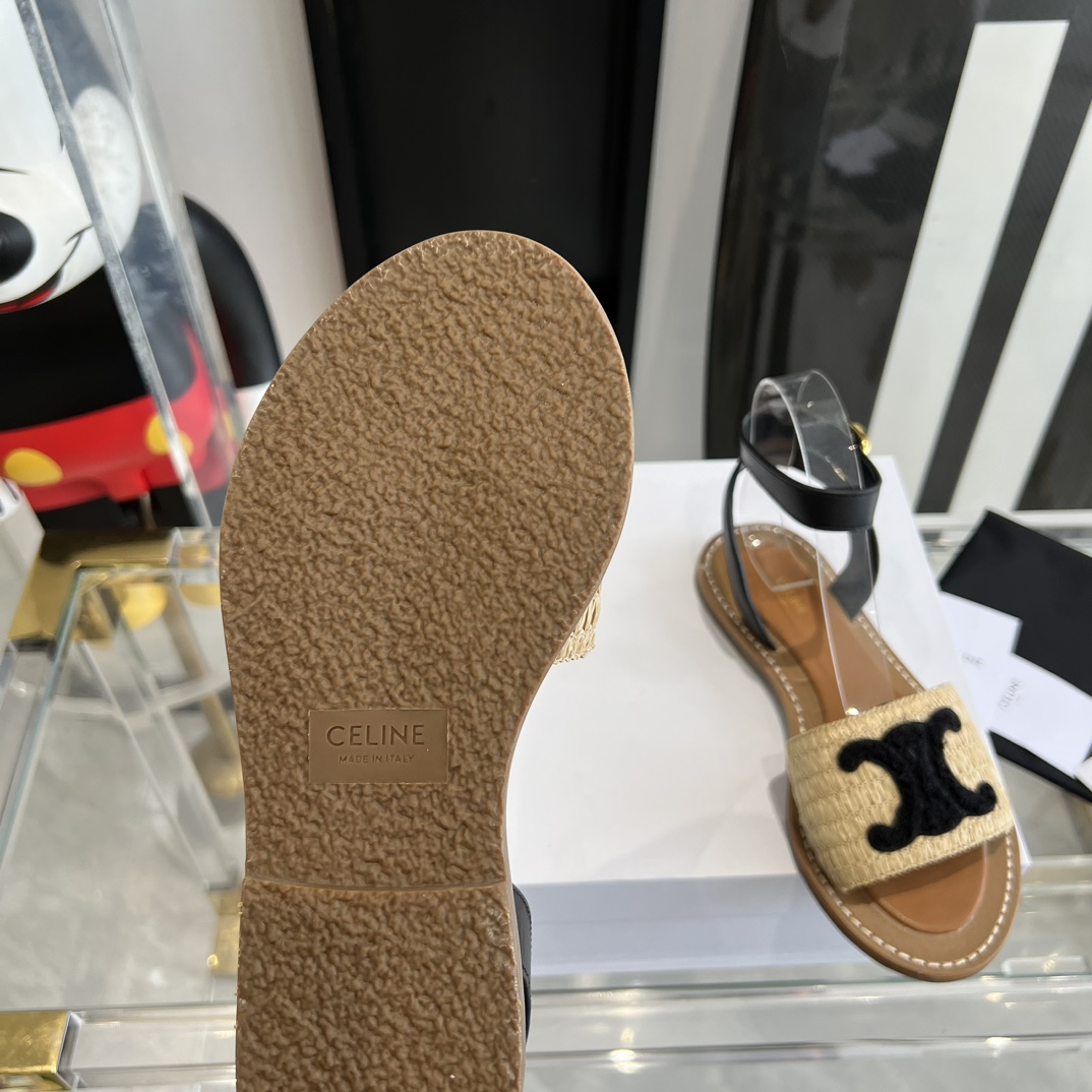Celine Lympia Flat Strap Sandal In Raffia & Calfskin - EUR FASHION