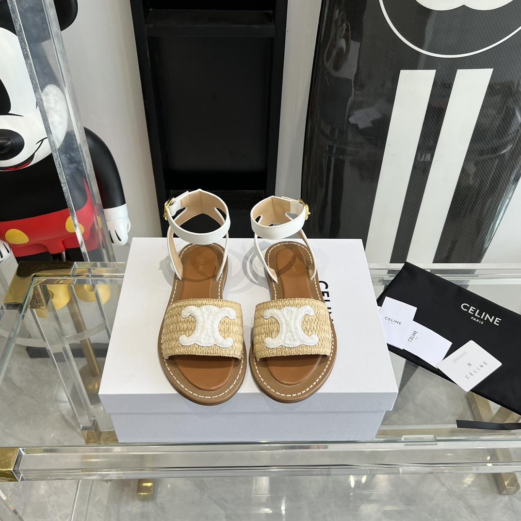 Celine Lympia Flat Strap Sandal In Raffia & Calfskin - EUR FASHION