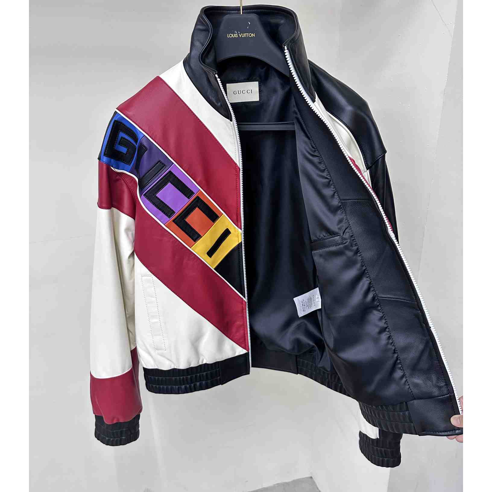 Gucci Leather Bomber Jacket With Gucci Lettering - EUR FASHION