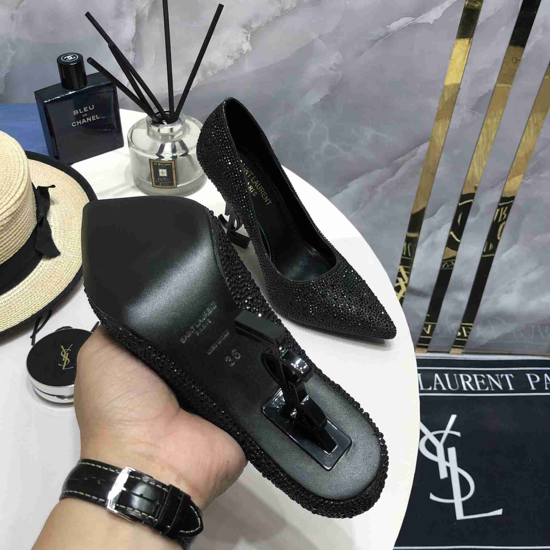 Saint Laurent Black Opyum Glitter Pumps - EUR FASHION
