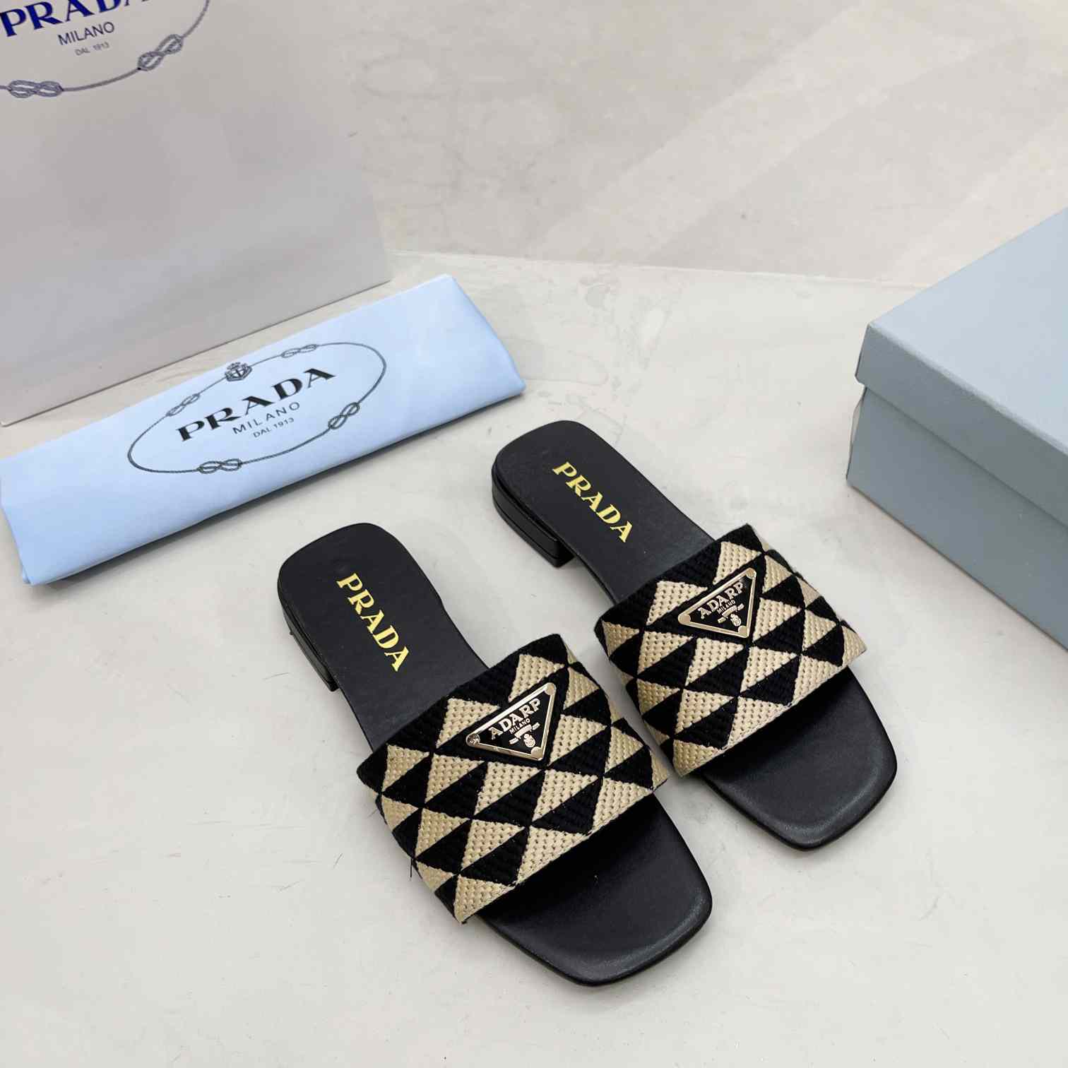 Prada Embroidered Fabric Slides - EUR FASHION