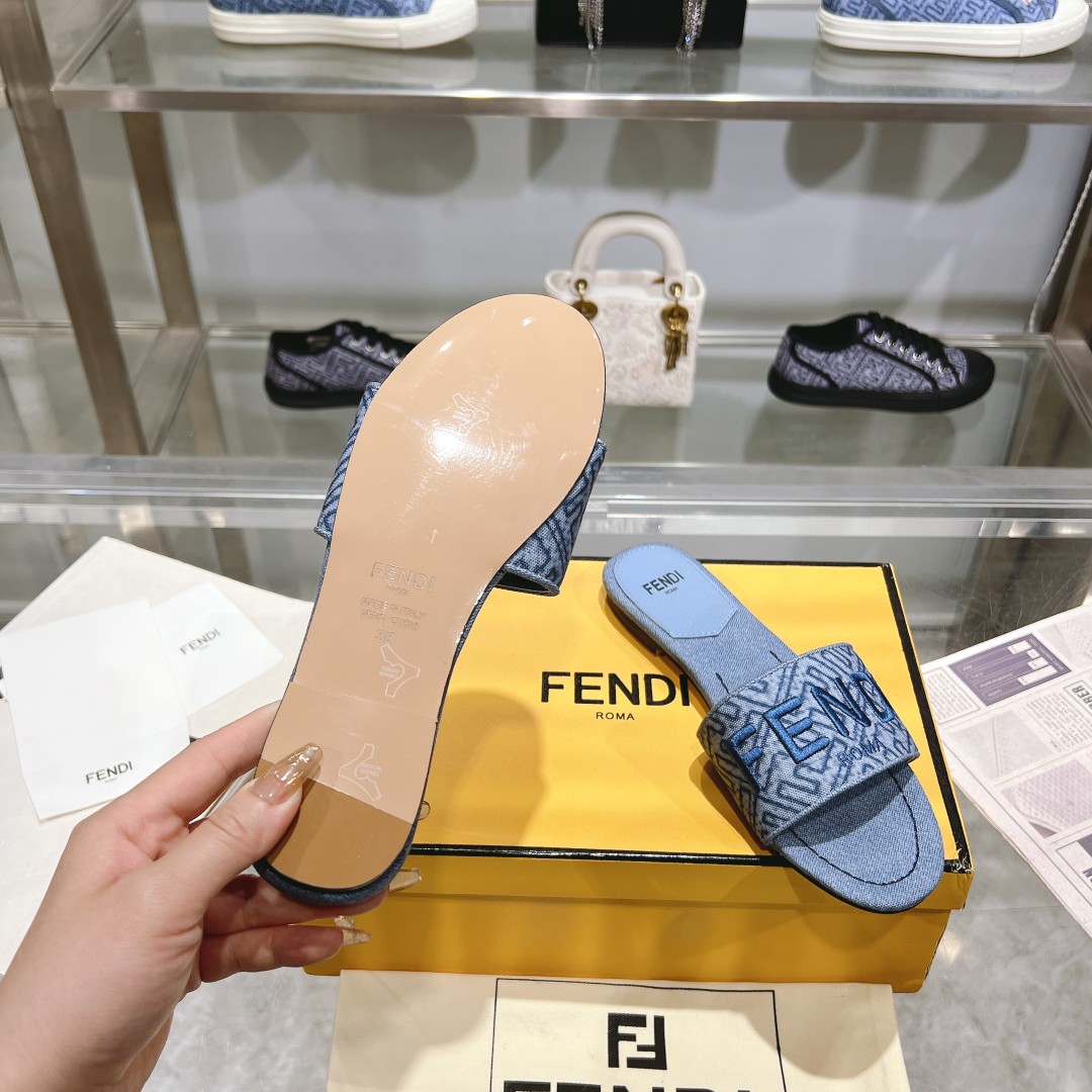 Fendi Signature Blue Denim Slides - EUR FASHION