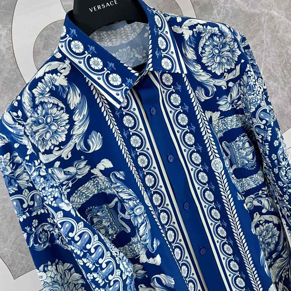 Versace Blue Baroque Silk Shirt - EUR FASHION