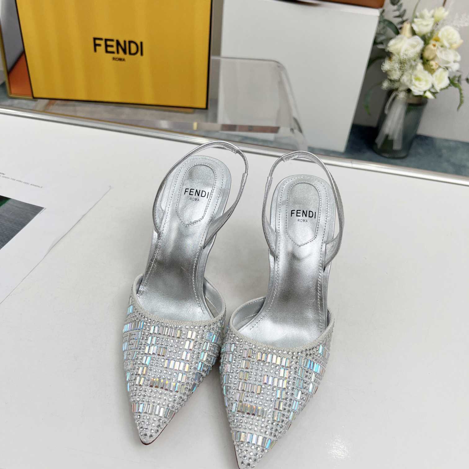 Fendi First Silver-colored Rhinestone High-heeled Slingbacks - EUR FASHION
