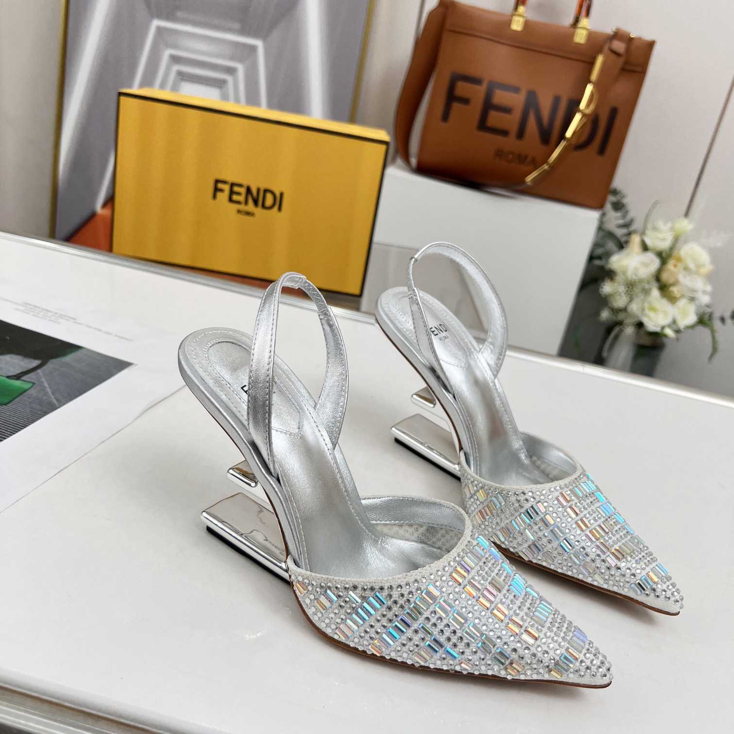 Fendi First Silver-colored Rhinestone High-heeled Slingbacks - EUR FASHION