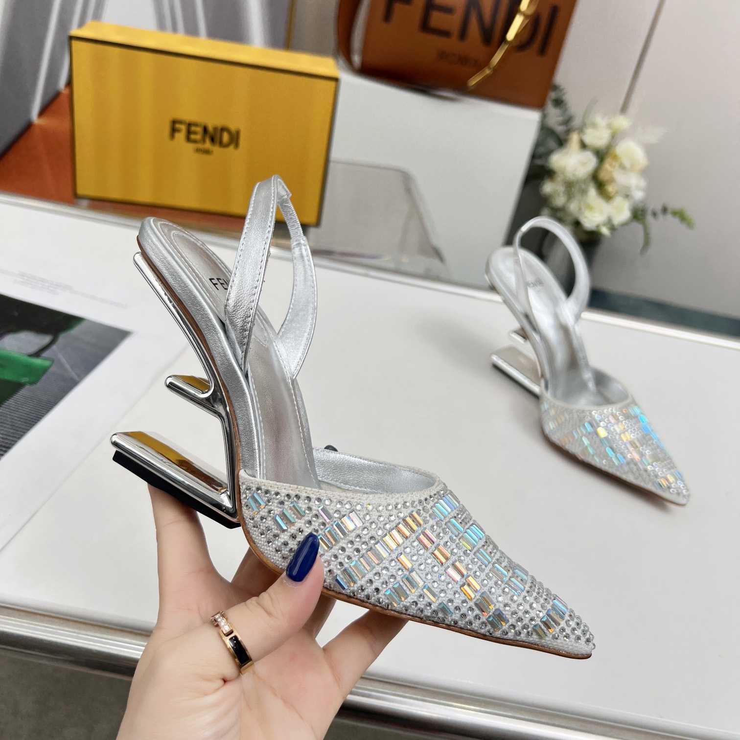 Fendi First Silver-colored Rhinestone High-heeled Slingbacks - EUR FASHION