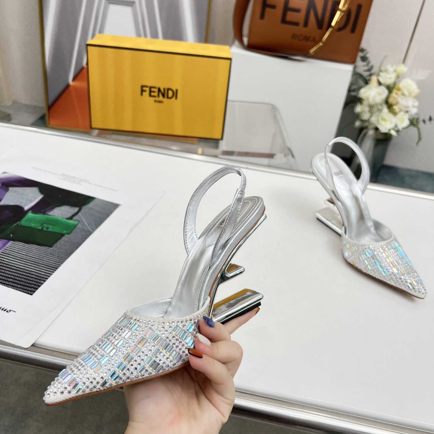Fendi First Silver-colored Rhinestone High-heeled Slingbacks - EUR FASHION