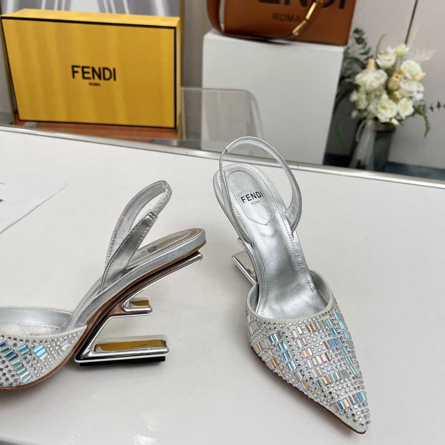 Fendi First Silver-colored Rhinestone High-heeled Slingbacks - EUR FASHION