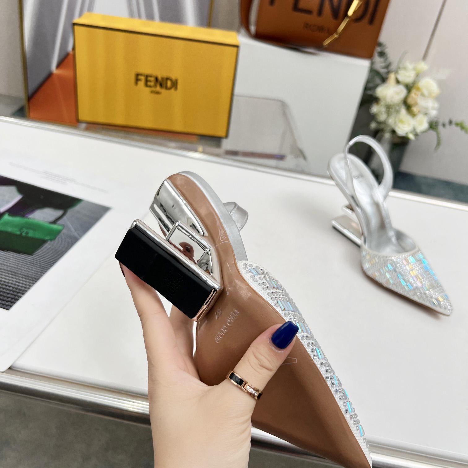 Fendi First Silver-colored Rhinestone High-heeled Slingbacks - EUR FASHION