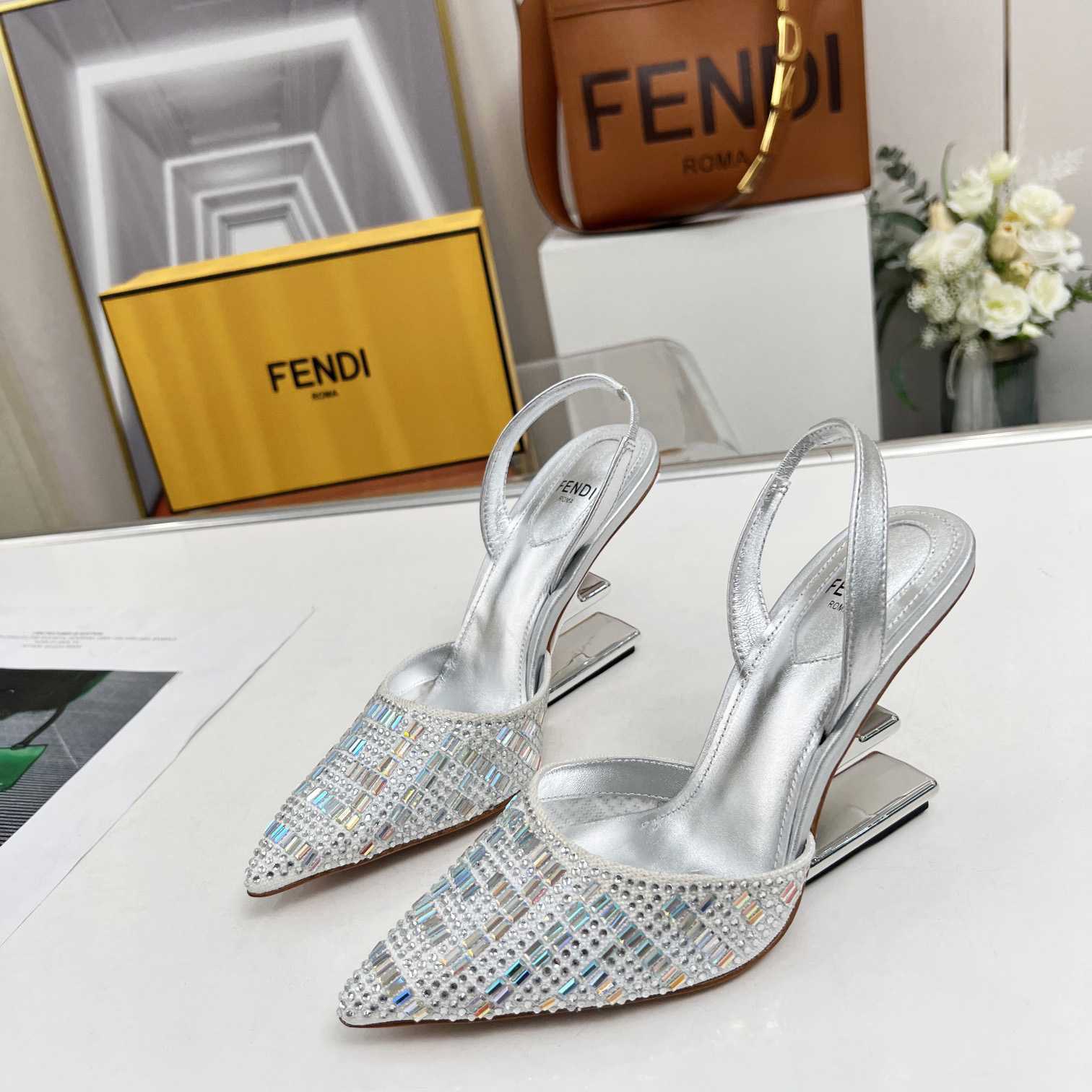 Fendi First Silver-colored Rhinestone High-heeled Slingbacks - EUR FASHION