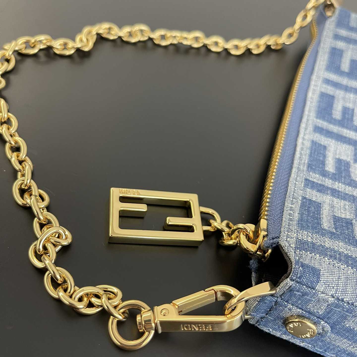 Fendi Baguette Pouch Light Blue FF Denim Fabric Pouch With Chain - EUR FASHION