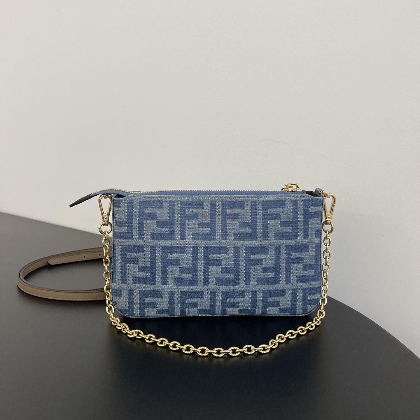 Fendi Baguette Pouch Light Blue FF Denim Fabric Pouch With Chain - EUR FASHION
