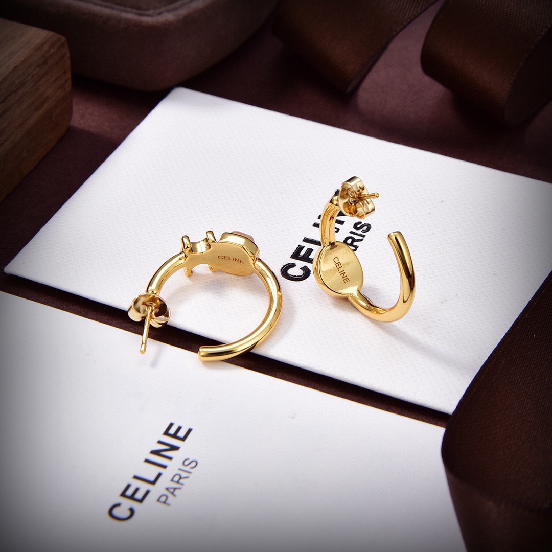 Celine Triomphe Indie Hoops In Brass With Gold Finish,Rutilated Quartz And Pink - EUR FASHION