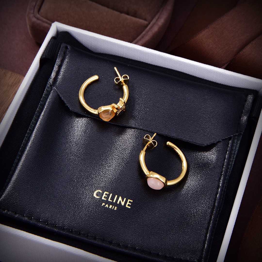 Celine Triomphe Indie Hoops In Brass With Gold Finish,Rutilated Quartz And Pink - EUR FASHION