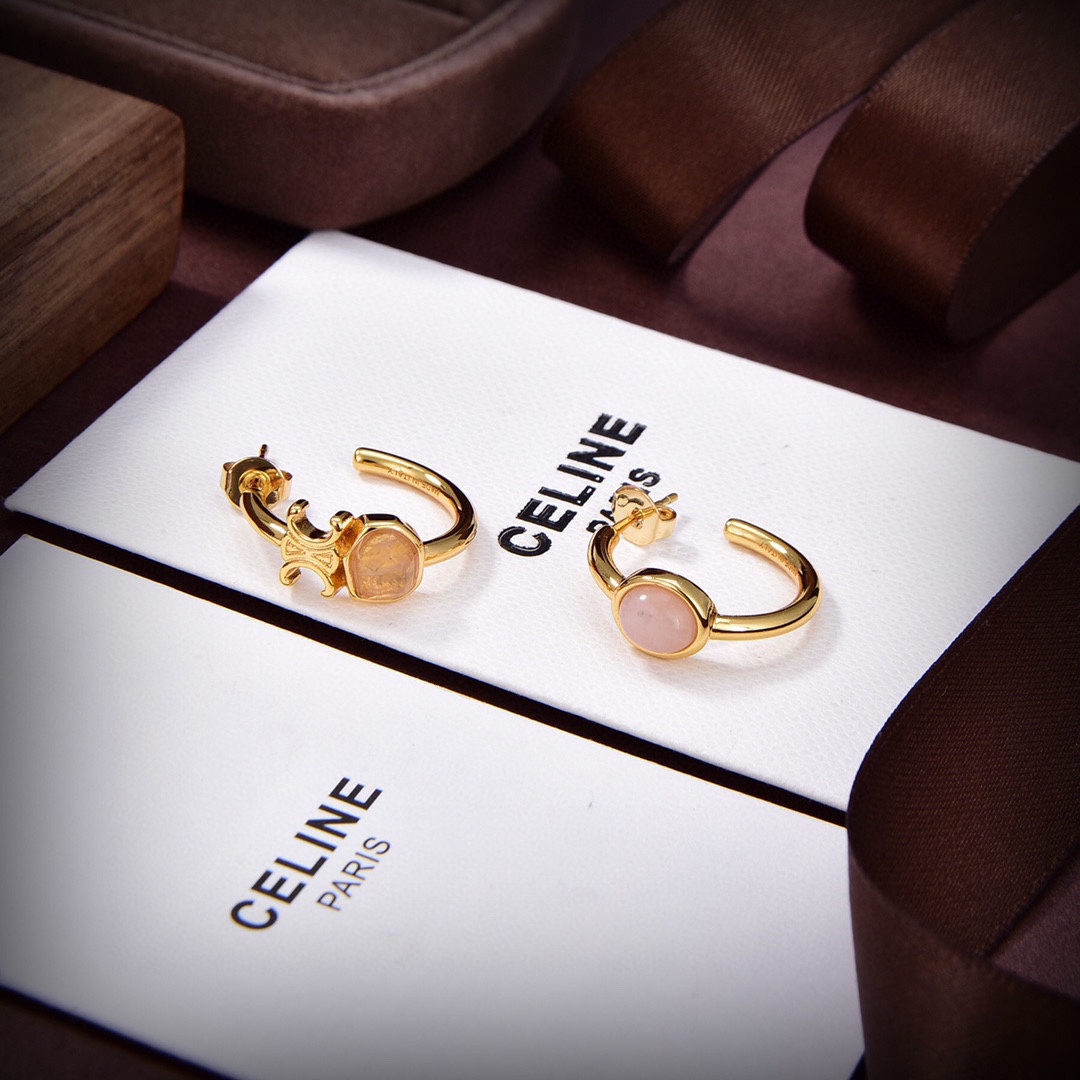 Celine Triomphe Indie Hoops In Brass With Gold Finish,Rutilated Quartz And Pink - EUR FASHION