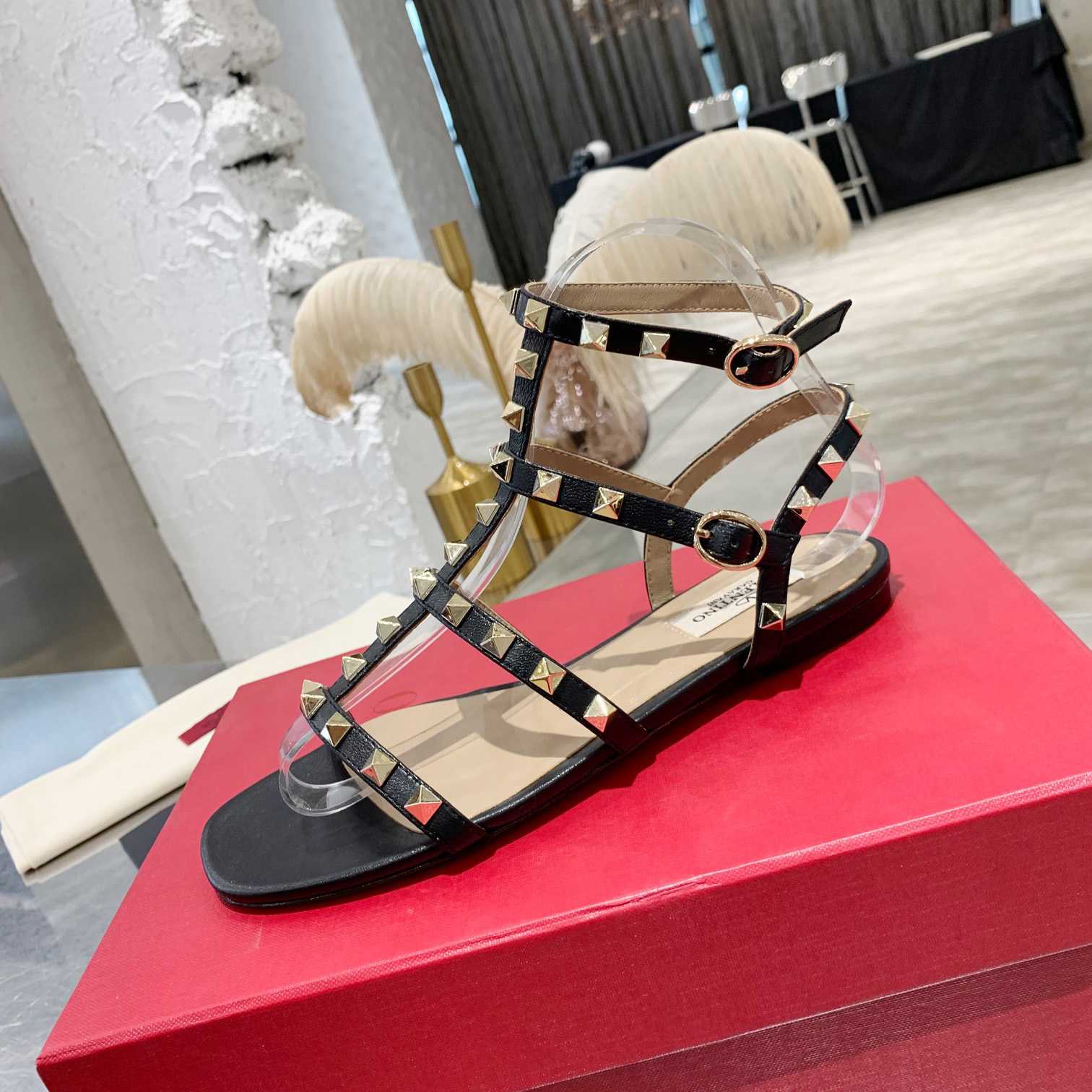 Valenti Rockstud Flat calfskin Sandal With Straps  - EUR FASHION