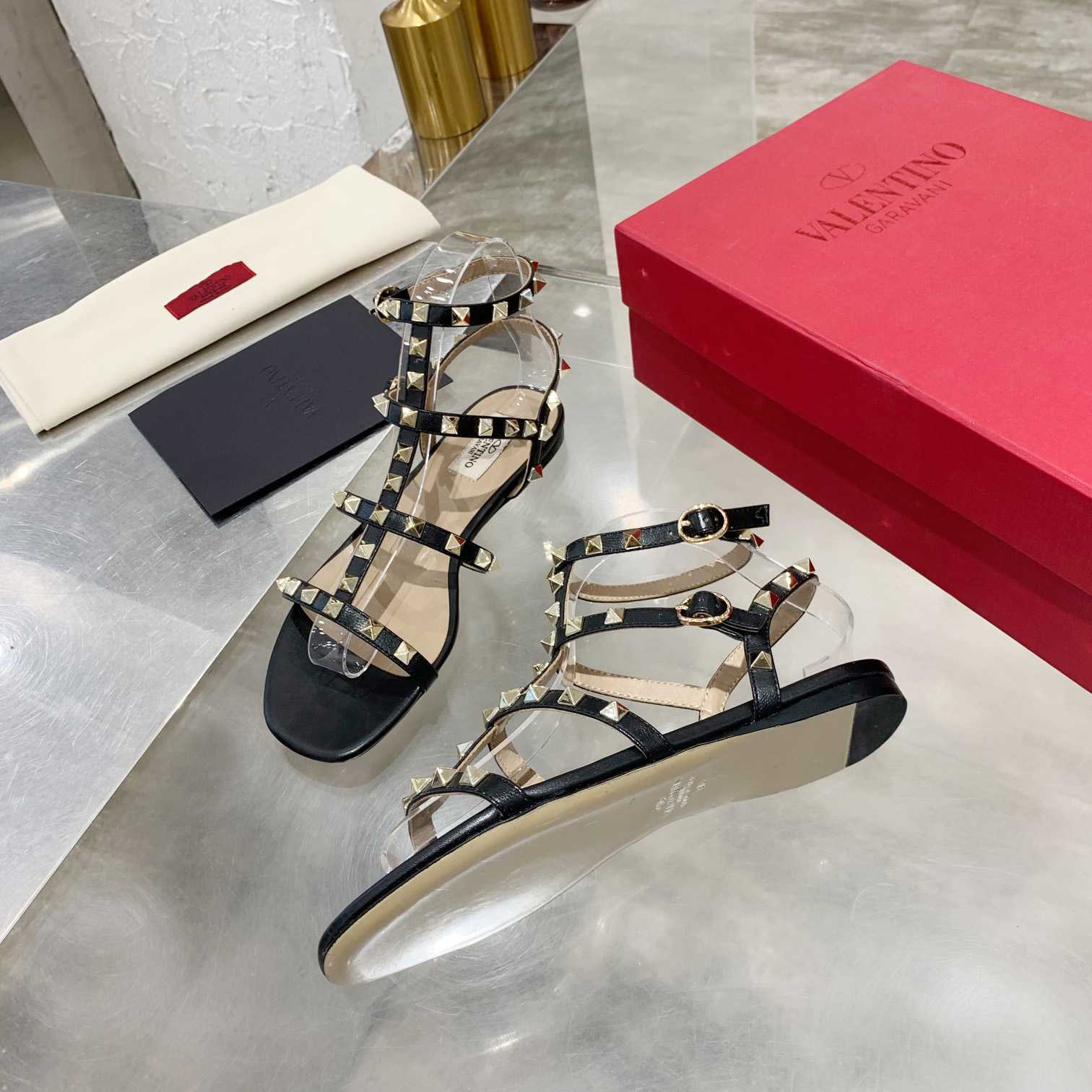 Valenti Rockstud Flat calfskin Sandal With Straps  - EUR FASHION