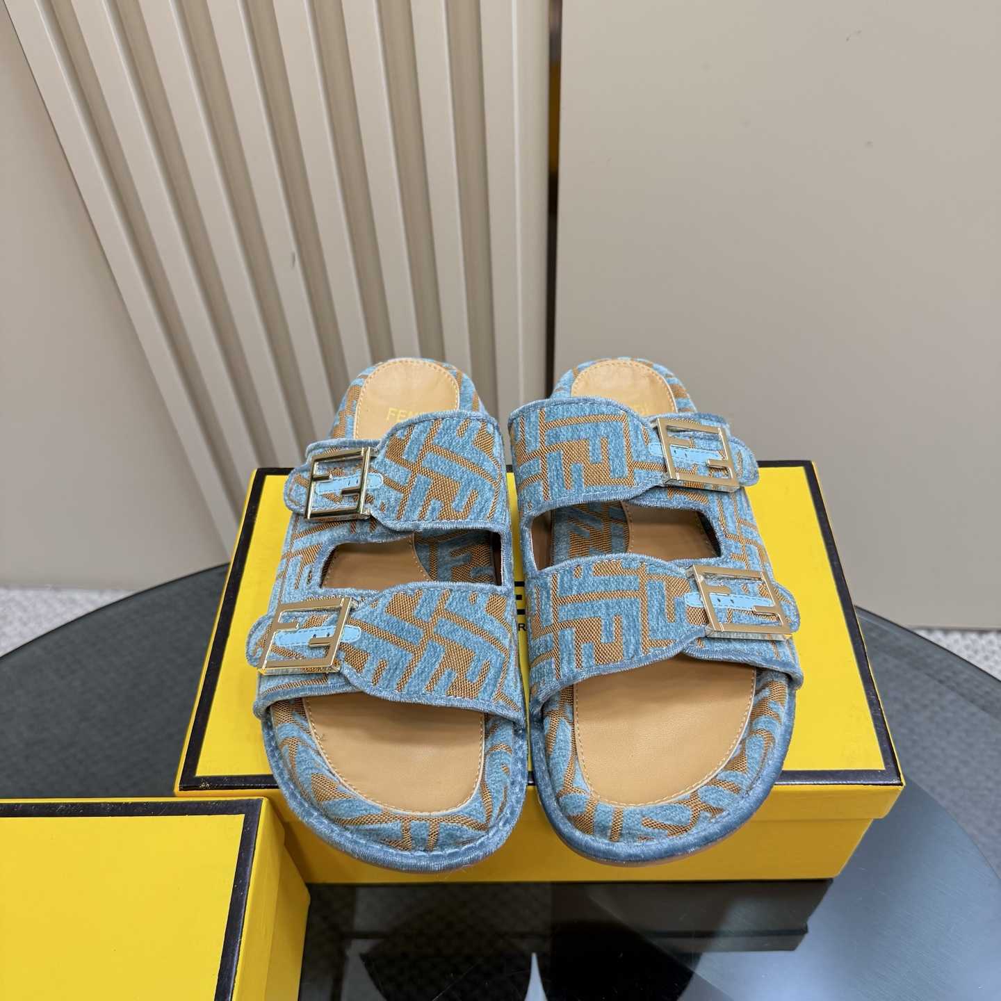 Fendi Feel Light Blue FF Jacquard Velvet Slides - EUR FASHION
