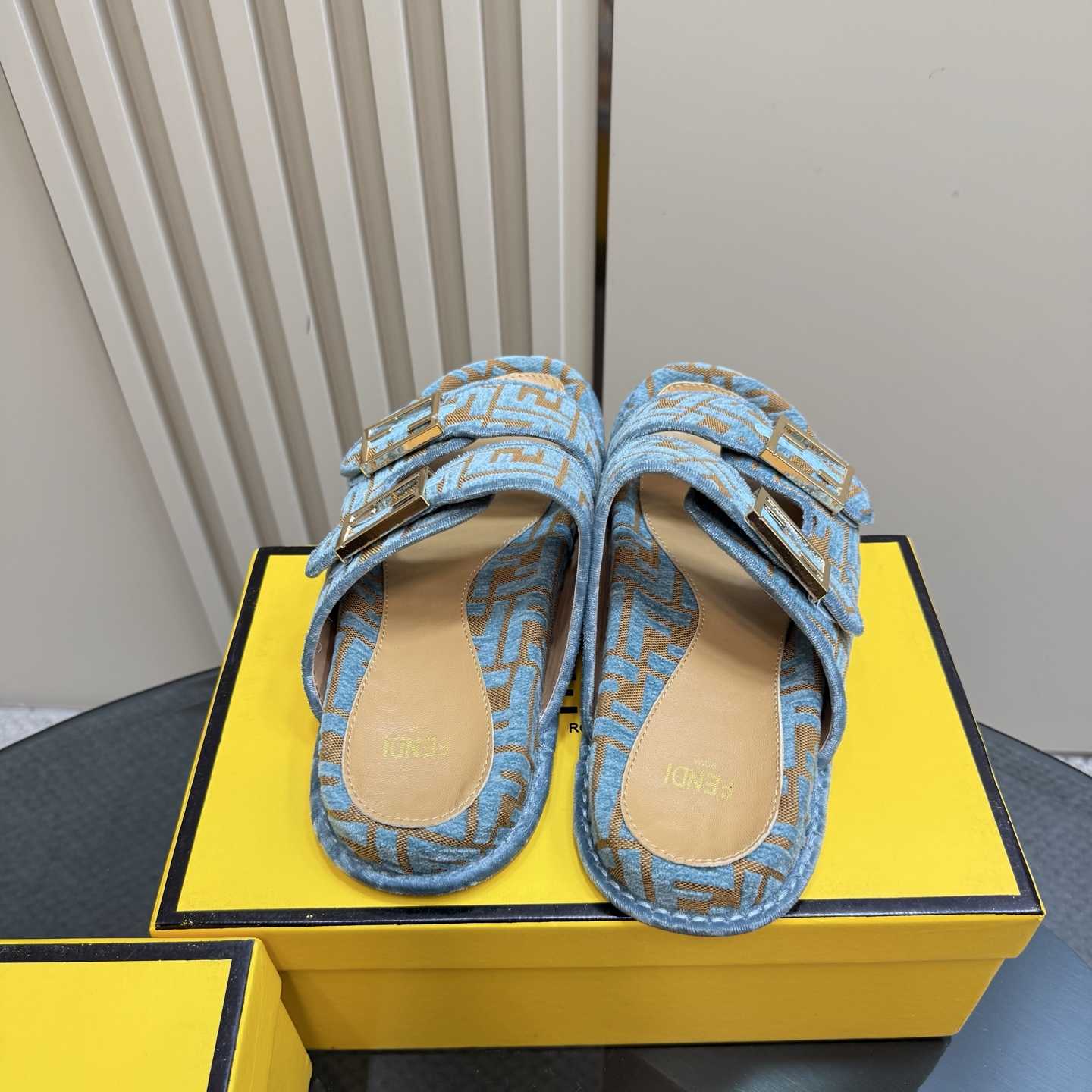 Fendi Feel Light Blue FF Jacquard Velvet Slides - EUR FASHION