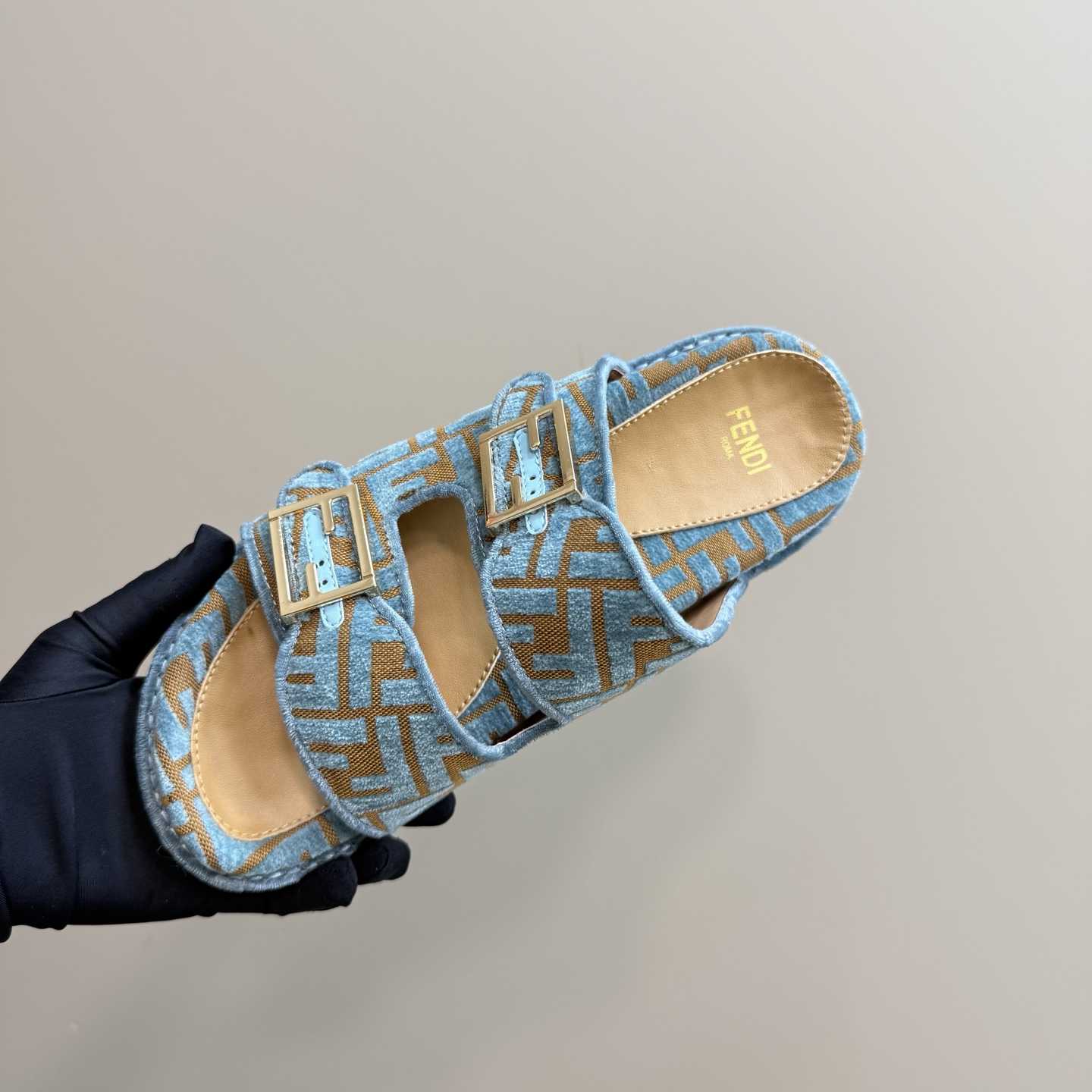 Fendi Feel Light Blue FF Jacquard Velvet Slides - EUR FASHION