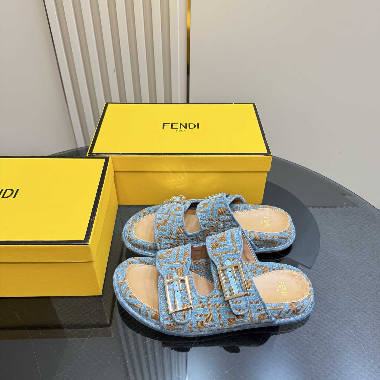 Fendi Feel Light Blue FF Jacquard Velvet Slides - EUR FASHION
