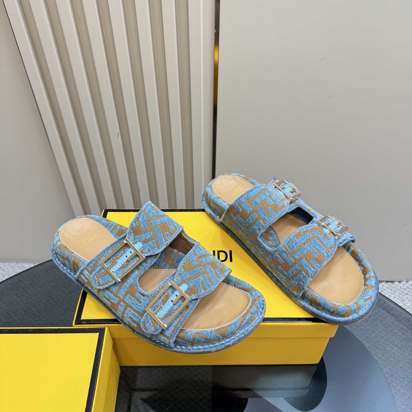 Fendi Feel Light Blue FF Jacquard Velvet Slides - EUR FASHION