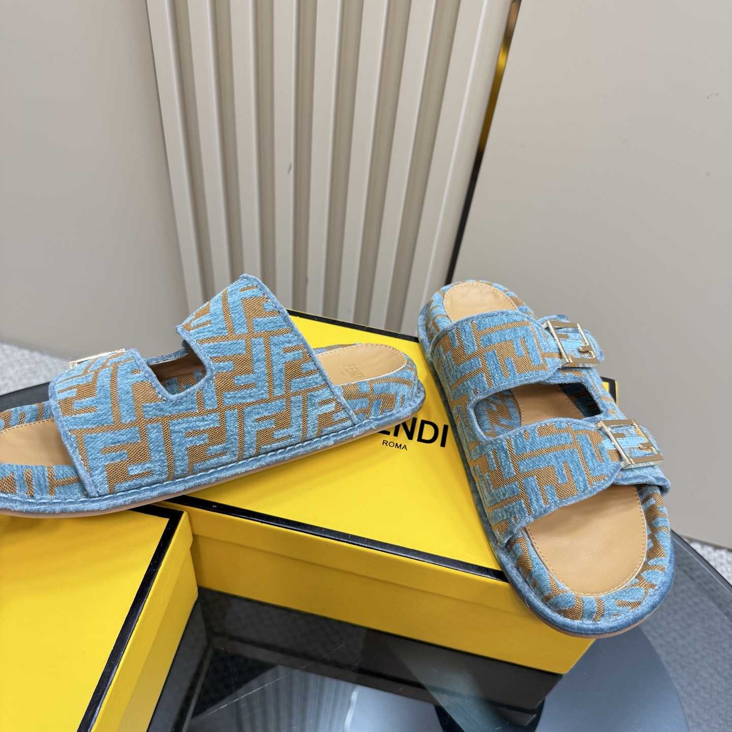Fendi Feel Light Blue FF Jacquard Velvet Slides - EUR FASHION