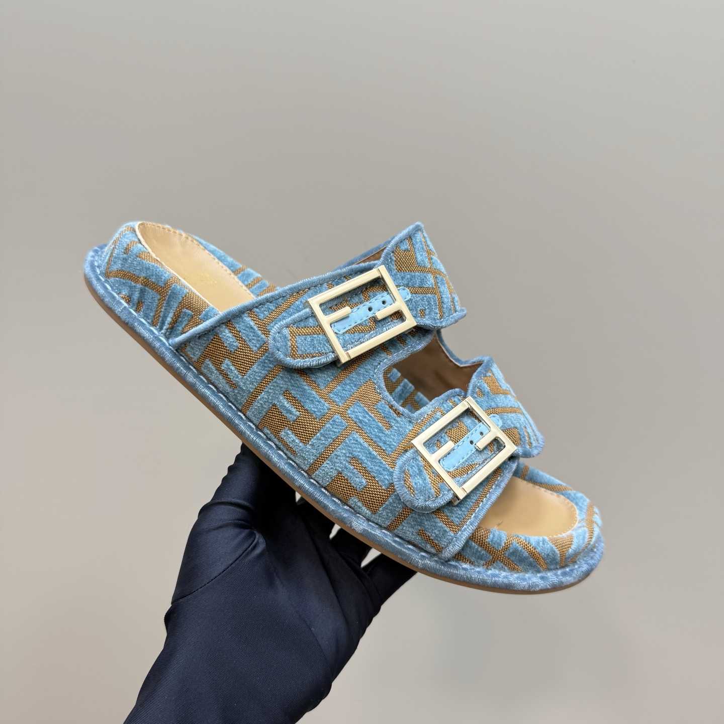 Fendi Feel Light Blue FF Jacquard Velvet Slides - EUR FASHION