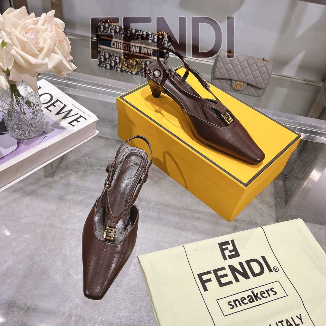 Fendi FFold Brown Eel Leather Low-heeled Slingbacks - EUR FASHION