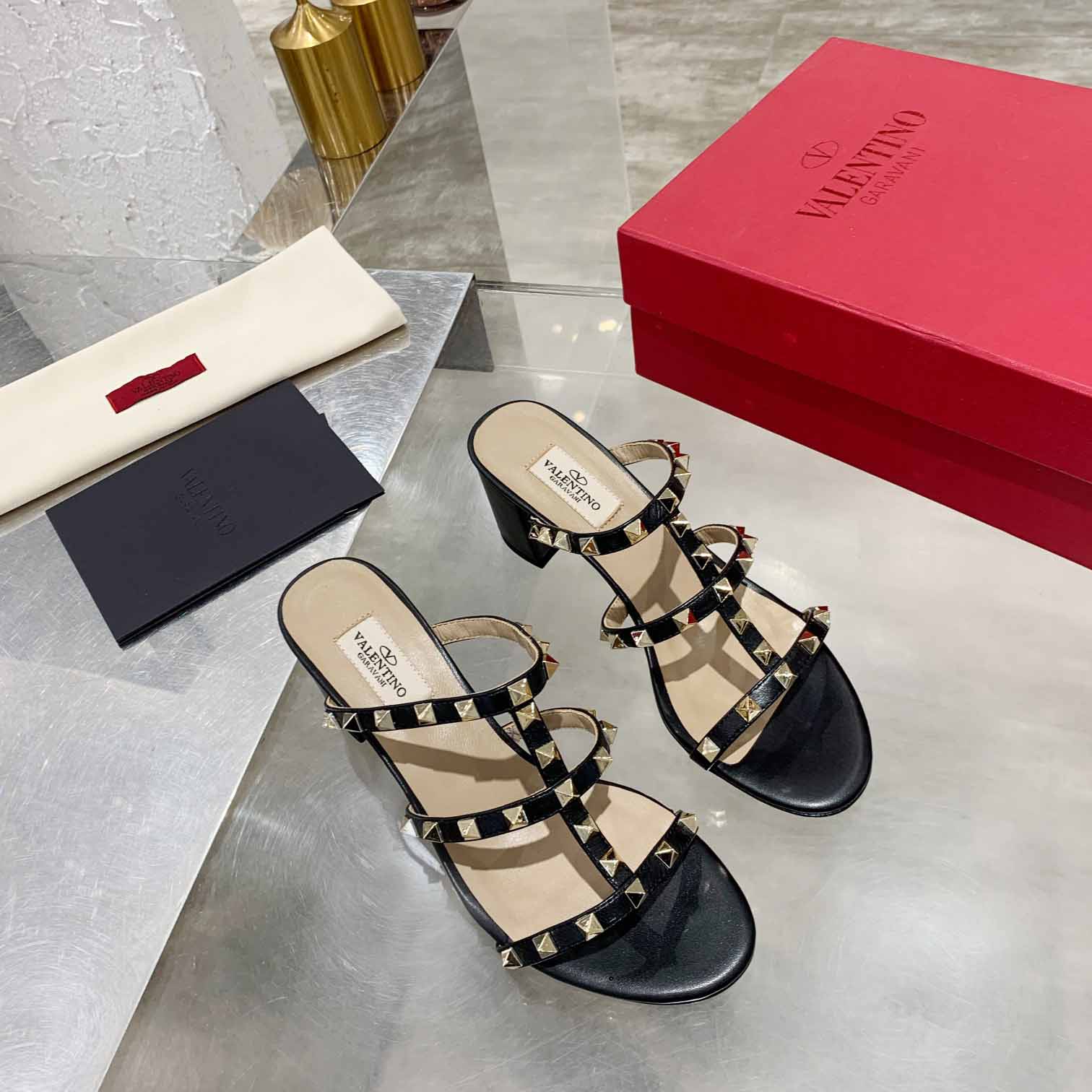 Valenti Rockstud Calfskin Leather Slide Sandal  - EUR FASHION