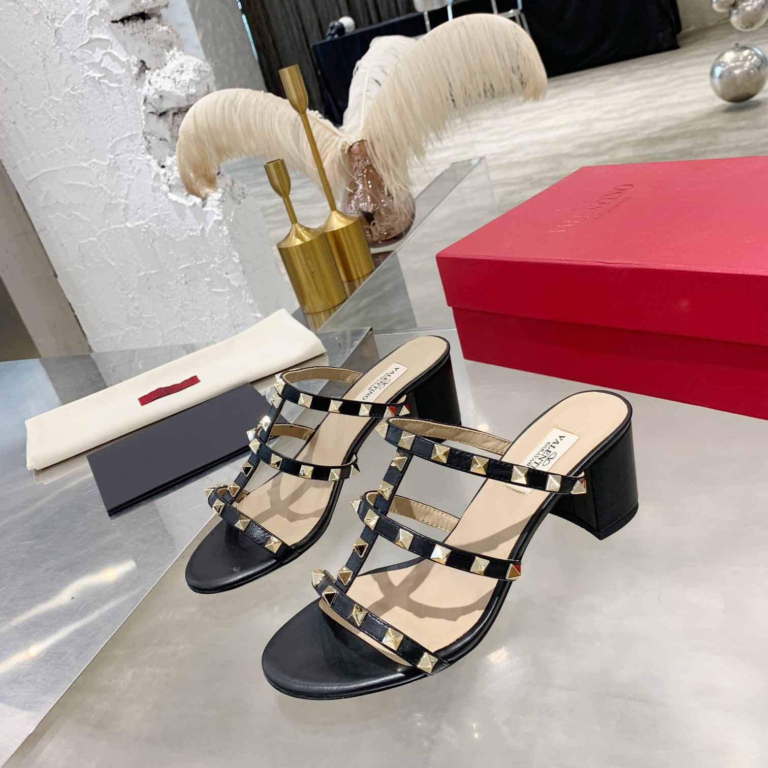 Valenti Rockstud Calfskin Leather Slide Sandal  - EUR FASHION