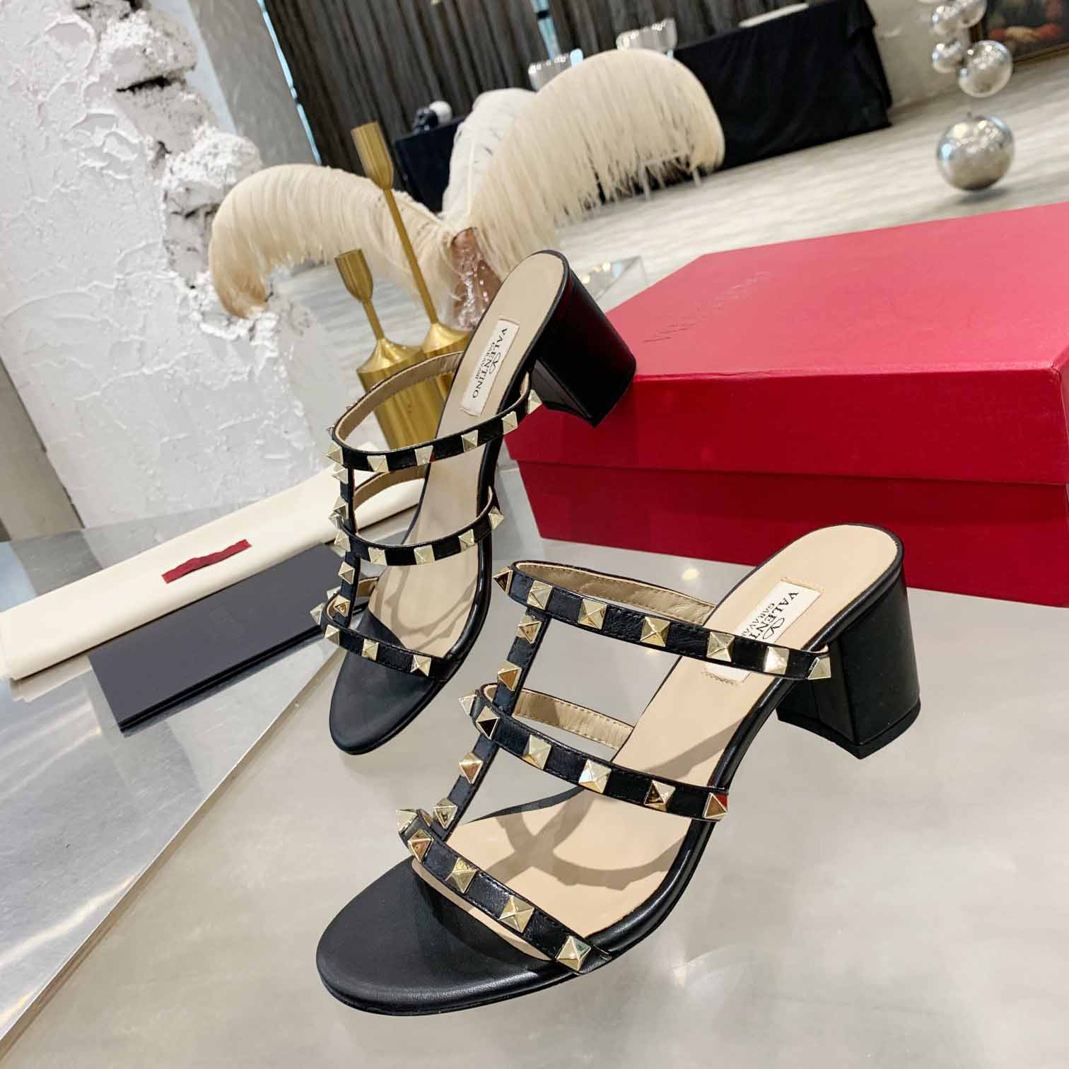 Valenti Rockstud Calfskin Leather Slide Sandal  - EUR FASHION