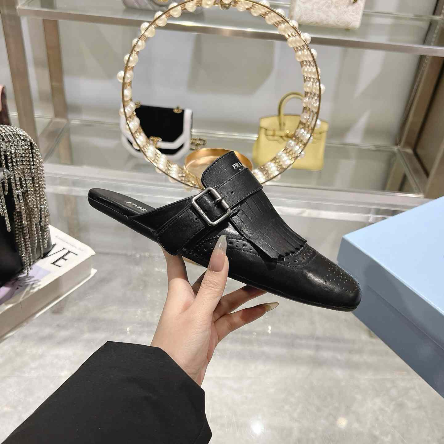 Prada Shuffle Fringed Monk Strap Leather Mules - EUR FASHION