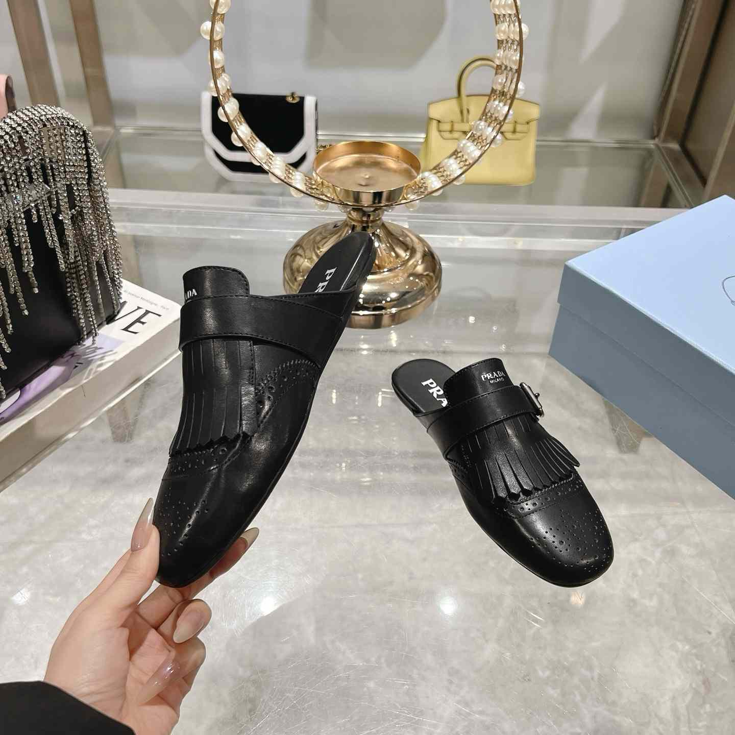 Prada Shuffle Fringed Monk Strap Leather Mules - EUR FASHION
