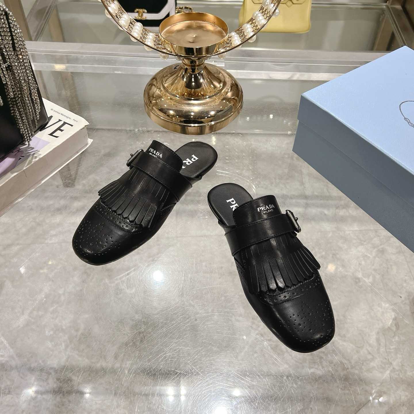Prada Shuffle Fringed Monk Strap Leather Mules - EUR FASHION