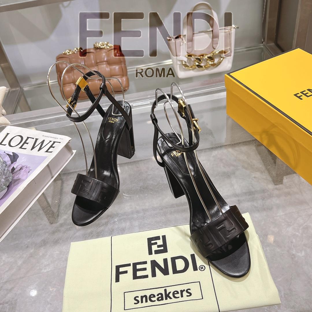 Fendi Delfina Black FF Nappa Leather High-heeled Sandals - EUR FASHION
