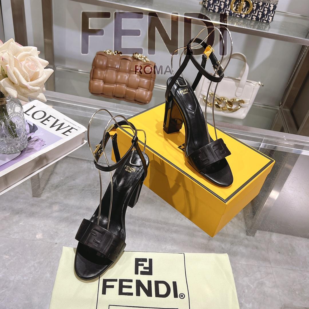 Fendi Delfina Black FF Nappa Leather High-heeled Sandals - EUR FASHION